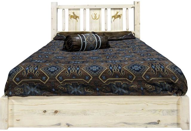 Montana Woodworks® Homestead Clear Lacquer Queen Platform Storage Bed with Laser Engraved Bronc Design-1