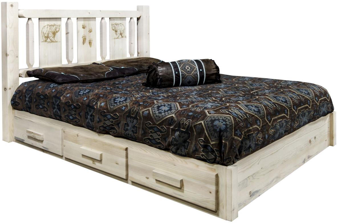 Montana Woodworks® Homestead Ready to Finish Twin Platform Storage Bed with Laser Engraved Bear Design