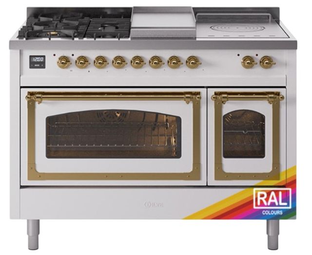 Ilve® Nostalgie II Noblesse 48'' Custom RAL Color Pro Style Dual Fuel Range with Brass Trim-0