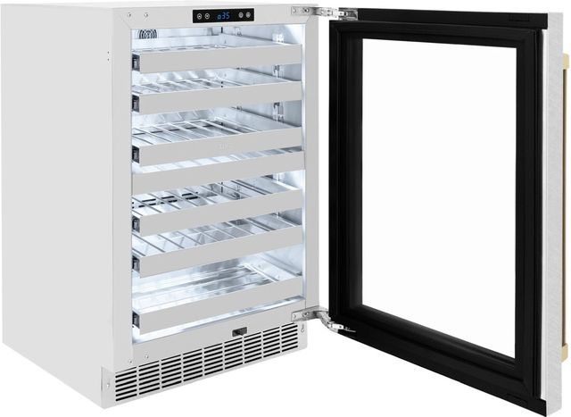 ZLINE Autograph Edition Touchstone 24" 4.8 Cu. Ft. Satin Stainless Steel Wine Cooler with Glass Door and Champagne Bronze Handle-3