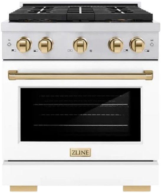 ZLINE Paramount 30" 4.2 cu. ft. Satin Stainless Steel with White Matte Door Paramount Dual Fuel Range with 4 Burner DuoPro™ Cooktop and Electric Convection Oven with Polished Gold Accents-0