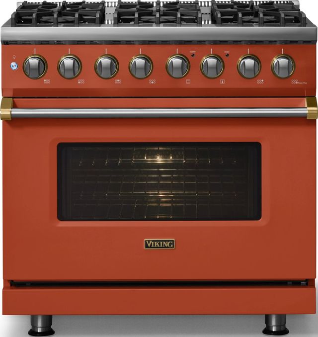Viking® 5 Series 36" Spiced Cider Pro Style Dual Fuel (NG) Range with Brushed Brass Trim-2