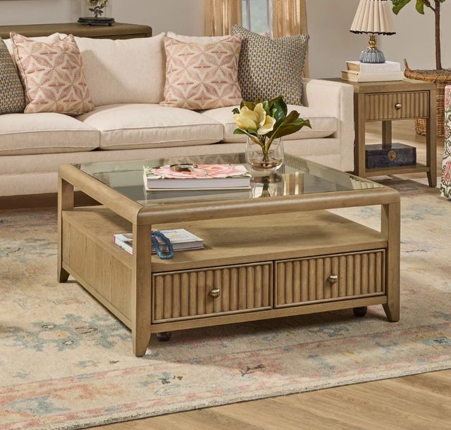 Flexsteel® Reed Glass Top Square Coffee Table with Driftwood Oak Base-1