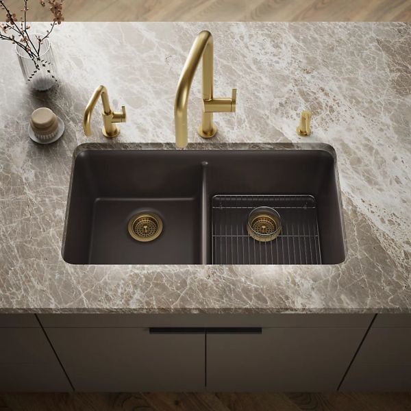 KOHLER® Cairn® Matte Brown 34" Undermount Double-Bowl Kitchen Sink-1