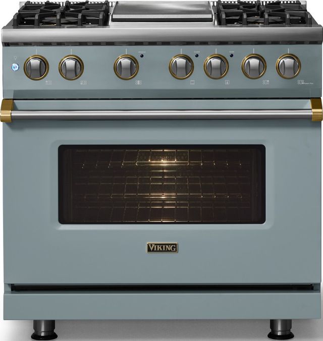 Viking® 5 Series 36" Novembery Sky Pro Style Dual Fuel (LP) Range with Brushed Brass Trim-2