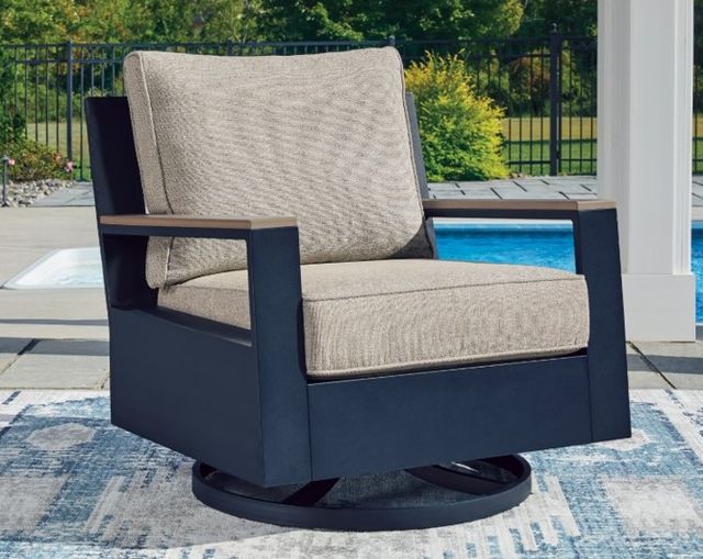 Signature Design by Ashley® Mabry Shores Driftwood/Navy Blue Aluminum/Fabric Outdoor Swivel Glider Chair-1