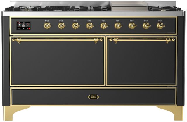 Ilve® Majestic III 60" Graphite Matte Pro Style Dual Fuel Liquid Propane Range with Solid Door and Brass Trim-0