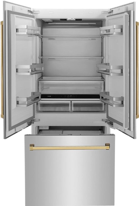 ZLINE Autograph Edition 36" 19.6 Cu. Ft. Stainless Steel Built In French Door Refrigerator with Water Dispenser and Ice Maker in Polished Gold Accents-1
