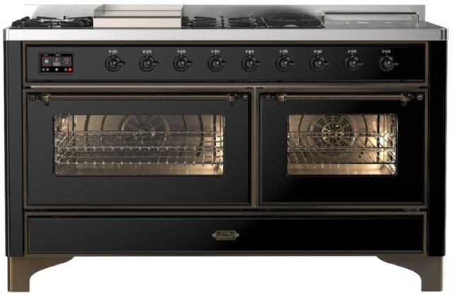 Ilve® Majestic III 60" Glossy Black Pro Style Dual Fuel Liquid Propane Range with French Top and Burnished Trim-0