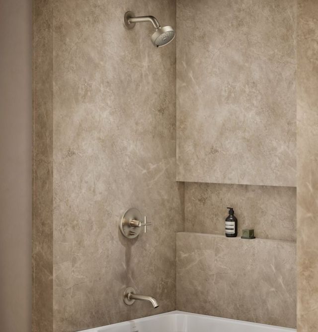 KOHLER® Purist® Rite-Temp® Vibrant Brushed Bronze Bath and Shower Trim Kit with Push-Button Diverter and Cross Handle-2
