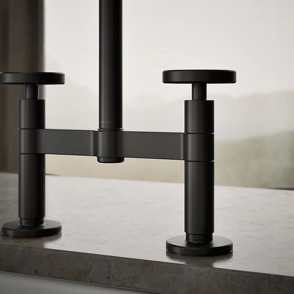 KOHLER® Billet® Matte Black 18" 2-Hole Bridge Kitchen Sink Faucet with Side Sprayer and Round Handles-4