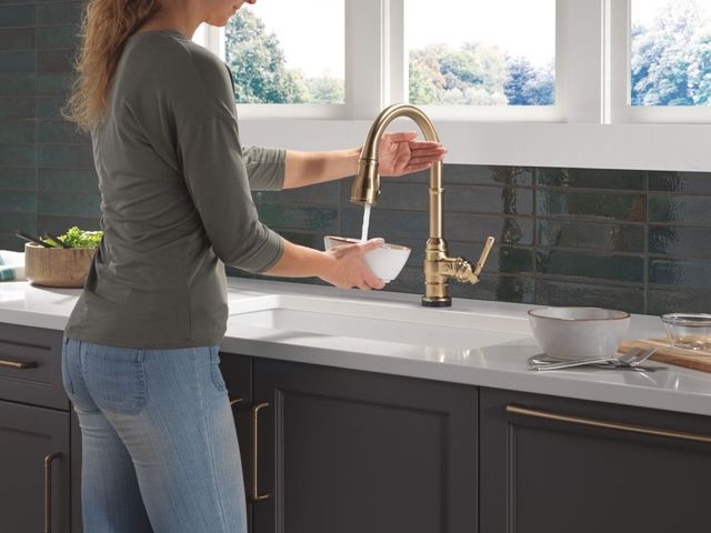 Delta Broderick® Champagne Bronze Touch2O® Technology Kitchen Faucet Champagne Bronze with Touchless Technology-1
