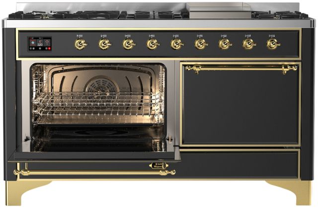 Ilve® Majestic III 60" Graphite Matte Pro Style Dual Fuel Natural Gas Range with Solid Door and Brass Trim-2