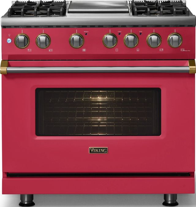 Viking® 5 Series 36" Valentine Pro Style Dual Fuel (NG) Range with Brushed Brass Trim-2