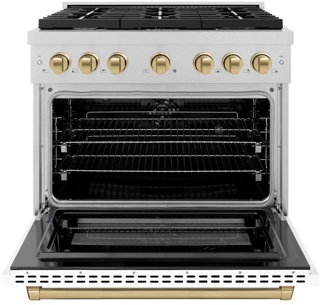 ZLINE Autograph Edition Paramount 36" Satin Stainless Steel Pro Style Dual Fuel Range with White Matte Door and Champagne Bronze Accents-1