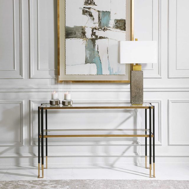 Uttermost® Kentmore Glass Top Console Table with Matte Black and Gold Frame-1