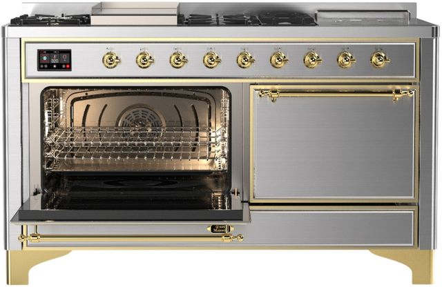 Ilve® Majestic III 60'' Stainless Steel Pro Style Dual Fuel Natural Gas Range with Solid Door and Brass Trim-3
