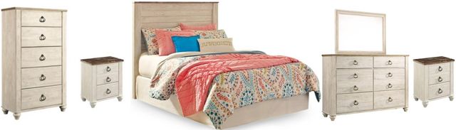 Signature Design by Ashley® Willowton 6-Piece Whitewash Full Panel Headboard Bedroom Set-0