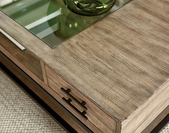 Hammary® Jefferson Beige Rectangular Coffee Table with Glass Top Insert and Dark Antique Brass Frame-2