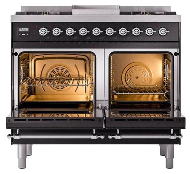 Ilve® Nostalgie II Noblesse 40'' Glossy Black Pro Style Dual Fuel Range with Chrome Trim-2