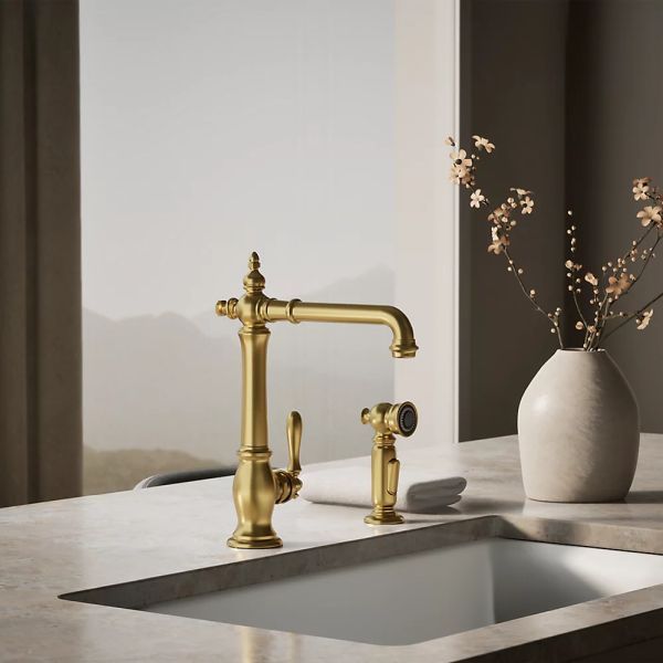 KOHLER® Artifacts® Vibrant Brushed Moderne Brass Single-Handle Kitchen Sink Faucet with 2-Function Side Sprayer-1