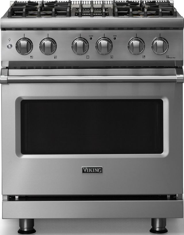 Viking® 5 Series 30" Stainless Steel Pro Style Dual Fuel (NG) Range with Polished Chrome Trim-0