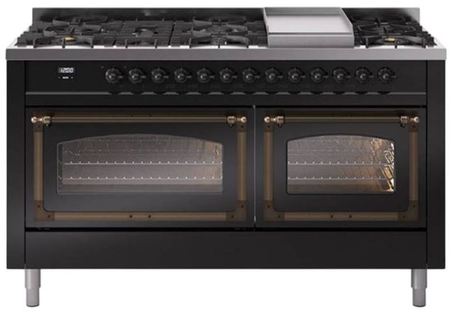 Ilve® Nostalgie II Noblesse 60'' Glossy Black Pro Style Dual Fuel Range with Burnished Trim-0