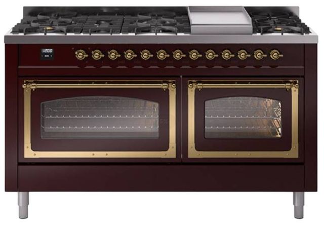 Ilve® Nostalgie II Noblesse 60'' Burgundy Pro Style Dual Fuel Range with Brass Trim-0