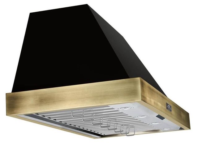 FORNO® Vittorio 48" Black Wall Mounted Range Hood with Antique Brass Trim-3