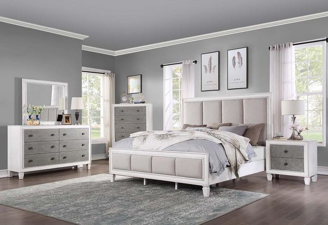 ACME Furniture Katia Light Gray/Rustic Gray/Weathered White Eastern King Upholstered Panel Bed-1