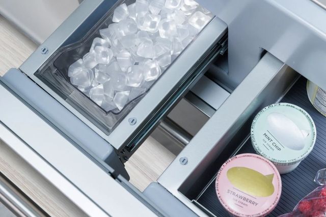 Close view of the ice reservoir in a Thermador bottom freezer refrigerator