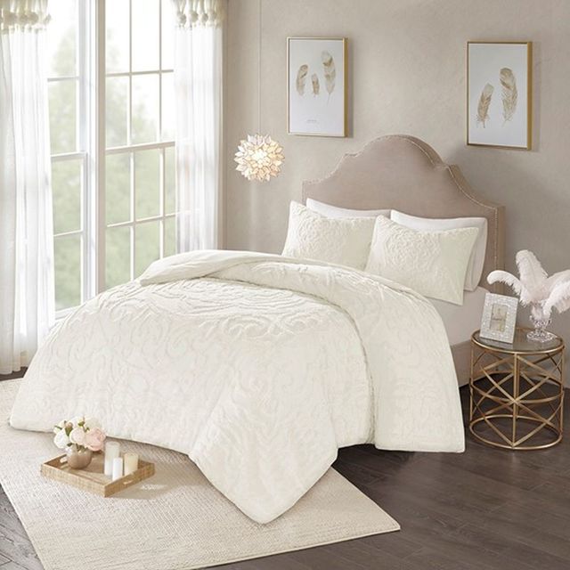 Olliix by Madison Park Ivory Full/Queen Laetitia Tufted Cotton Chenille Medallion Duvet Cover Set-3