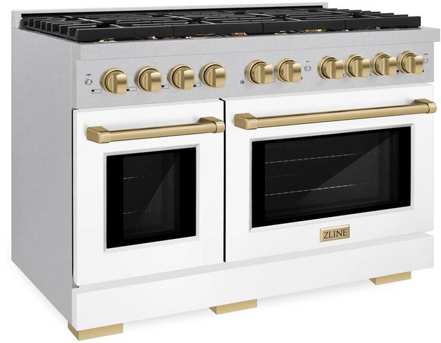 ZLINE Autograph Edition Paramount 48" Satin Stainless Steel Pro Style Dual Fuel Range with White Matte Door and Champagne Bronze Accents-2