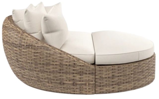 Sunset West Havana Aged Tobacco Resin Wicker Round Outdoor Daybed with Canvas Flax Cushion-1