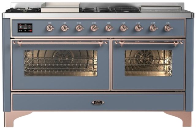 Ilve® Majestic III 60" Blue Gray Pro Style Dual Fuel Liquid Propane Range with French Top and Copper Trim-0