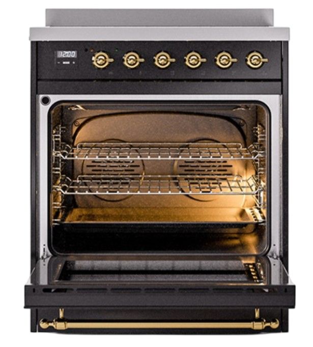 Ilve® Nostalgie II Noblesse 30'' Glossy Black Pro Style Induction Range with Brass Trim-1