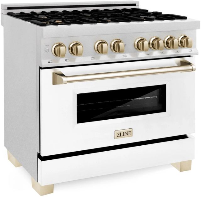 ZLINE Legacy Autograph Edition 36" Satin Stainless Steel Pro Style Dual Fuel Range with White Matte Door and Polished Gold Accents-2