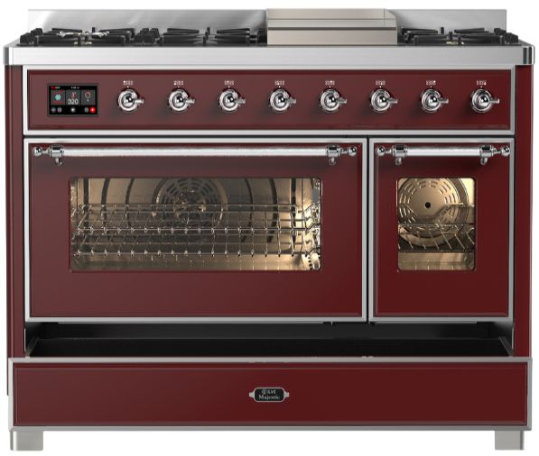 Ilve® Majestic III 48" Burgundy Pro Style Dual Fuel Natural Gas Range with Triple Glass Door and Chrome Trim-1