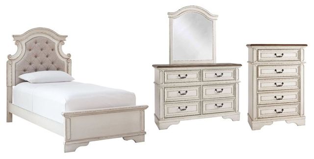 Signature Design by Ashley® Realyn 4-Piece Chipped White Twin Panel Bed Set