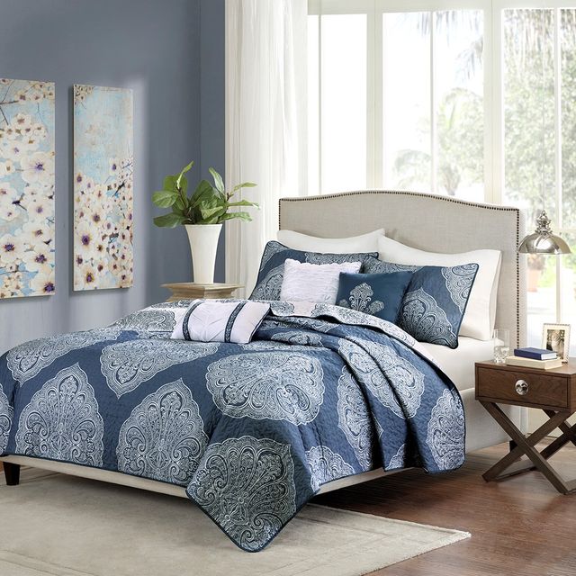Olliix by Madison Park 6 Piece Navy Full/Queen Rachel Reversible Quilted Coverlet Set-0