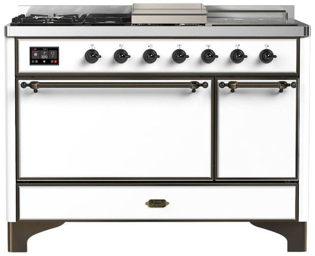 Ilve® Majestic III 48" White Pro Style Dual Fuel Natural Gas Range with Solid Door and Burnished Trim-0