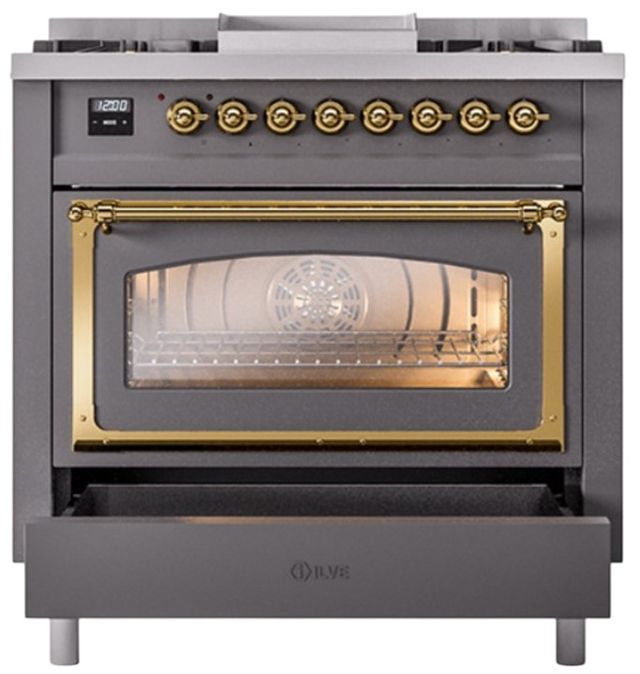 Ilve® Nostalgie II Noblesse 36'' Graphite Matte Pro Style Dual Fuel Range with Brass Trim-3