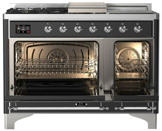 Ilve® Majestic III 48" Graphite Matte Pro Style Dual Fuel Liquid Propane Range with Triple Glass Door and Chrome Trim-1
