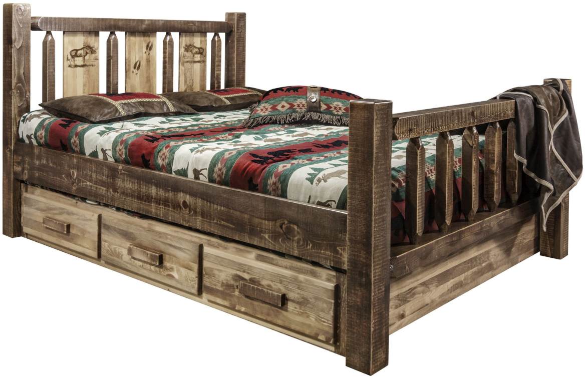 Montana Woodworks® Homestead Stain & Clear Lacquer King Storage Bed with Laser Engraved Moose Design