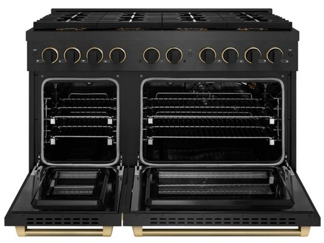 ZLINE Designer Collection Paramount 48" 6.7 Cu. Ft. Black Satin Stainless Steel Gas Range with 8 Burner DuoPro™ Cooktop and Dual Ovens with Black Matte and Champagne Bronze Accents-1