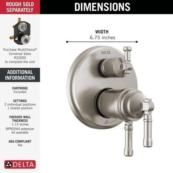 Delta Broderick® 17T Series Lumicoat® Stainless 3-Setting Integrated Diverter Trim-1