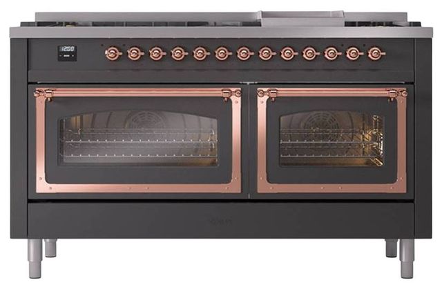 Ilve® Nostalgie II Noblesse 60'' Graphite Matte Pro Style Dual Fuel Range with Copper Trim-1
