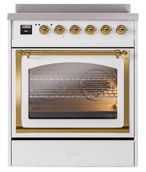 Ilve® Nostalgie II Noblesse 30'' White Pro Style Induction Range with Brass Trim-1