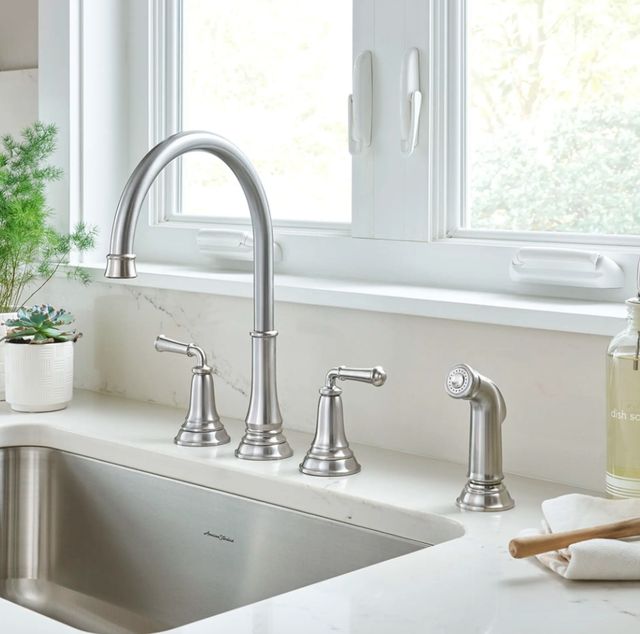 American Standard Delancey® Stainless Steel 2-Handle Widespread Kitchen Faucet with Side Spray-1