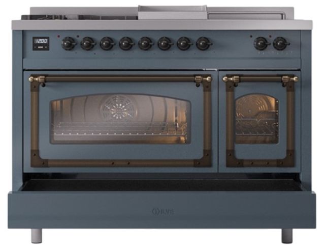 Ilve® Nostalgie II Noblesse 48'' Blue Gray Pro Style Dual Fuel Range with Burnished Trim-3